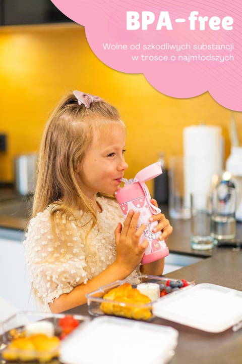 Bidon różowy Pink Charli Jarlson butelka termiczna 500ml ze stali nierdzewnej z ustnikiem i słomką Pink