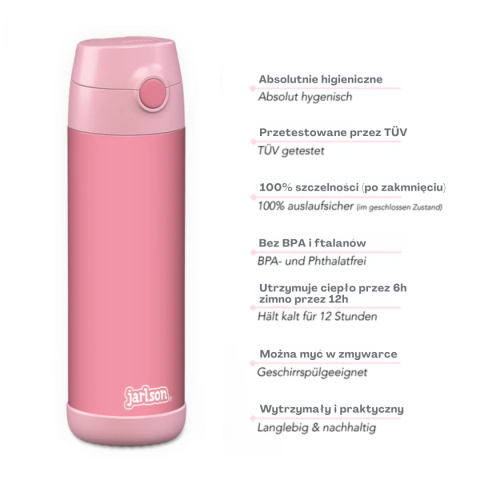 Bidon różowy Pink Charli Jarlson butelka termiczna 500ml ze stali nierdzewnej z ustnikiem i słomką Pink