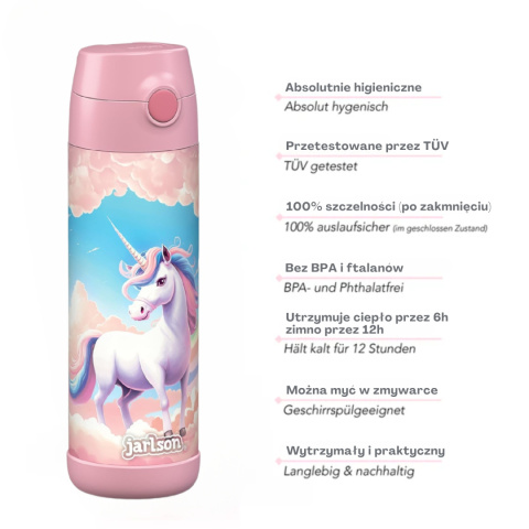 Bidon różowy jednorożec JARLSON Unicorn butelka CHARLI 500ml stal nierdzewna ustnik