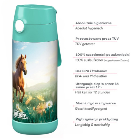 Bidon turkusowy miętowy Koń Charli Jarlson butelka termiczna 350ml ze stali nierdzewnej z ustnikiem i słomką