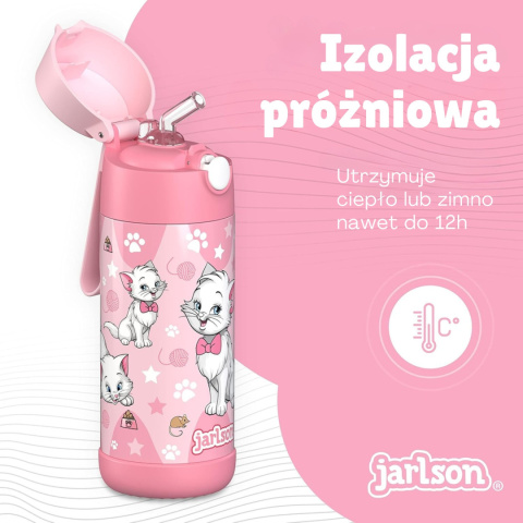 Bidon różowy Kot Charli Jarlson butelka termiczna 350ml ze stali nierdzewnej z ustnikiem i słomką