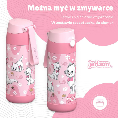 Bidon różowy Kot Charli Jarlson butelka termiczna 350ml ze stali nierdzewnej z ustnikiem i słomką