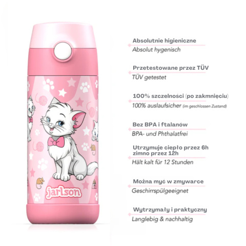 Bidon różowy Kot Charli Jarlson butelka termiczna 350ml ze stali nierdzewnej z ustnikiem i słomką