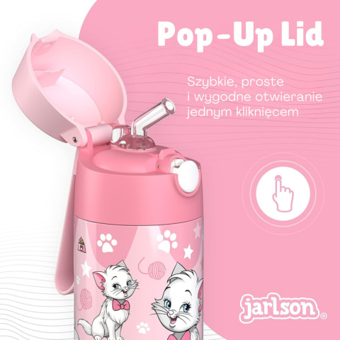 Bidon różowy Kot Charli Jarlson butelka termiczna 350ml ze stali nierdzewnej z ustnikiem i słomką