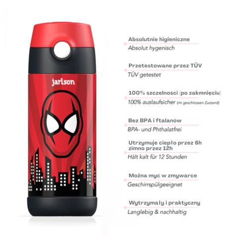 Bidon Spiderman Charli Jarlson butelka termiczna 350ml ze stali nierdzewnej z ustnikiem i słomką Superhero red