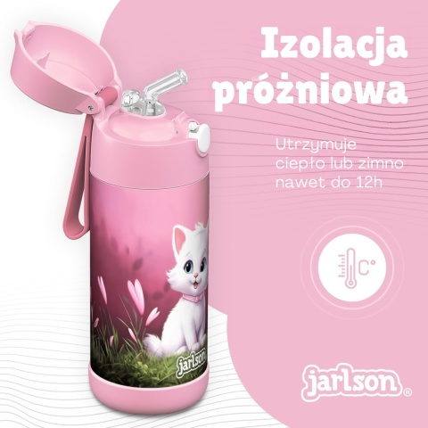 Bidon różowy Kot II Charli Jarlson butelka termiczna 350ml ze stali nierdzewnej z ustnikiem i słomką