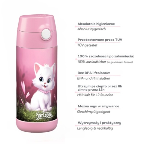 Bidon różowy Kot II Charli Jarlson butelka termiczna 350ml ze stali nierdzewnej z ustnikiem i słomką