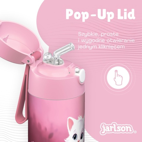 Bidon różowy Kot II Charli Jarlson butelka termiczna 350ml ze stali nierdzewnej z ustnikiem i słomką