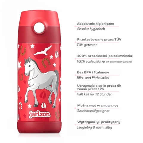 Bidon czerwony Koń Charli Jarlson butelka termiczna 350ml ze stali nierdzewnej z ustnikiem i słomką